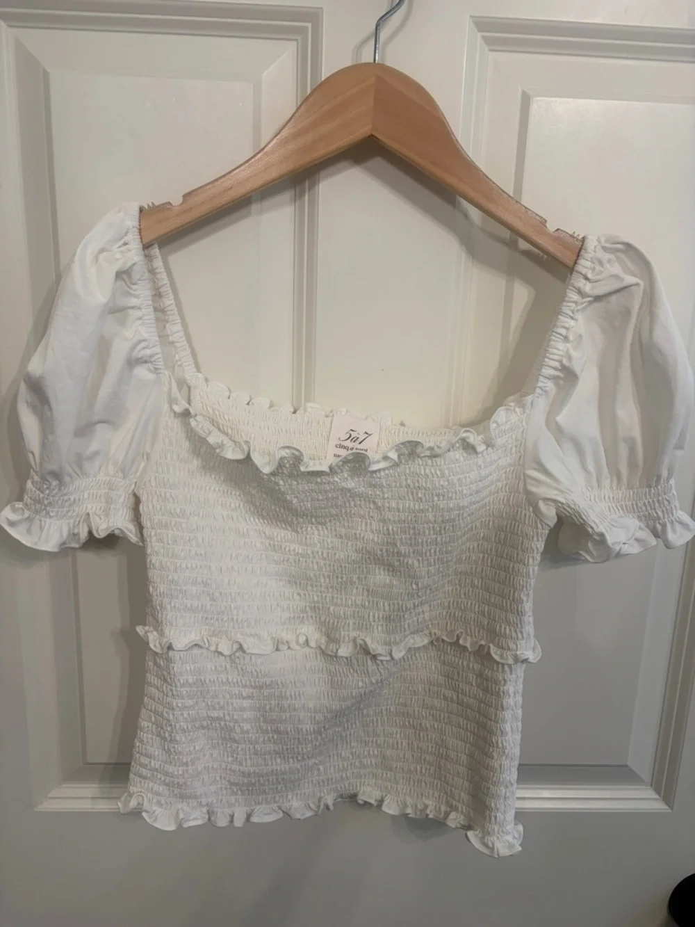 Like new designer Cinq a Sept White Smocked Puff Sleeve Square Neck Top size S. - Picture 3 of 12